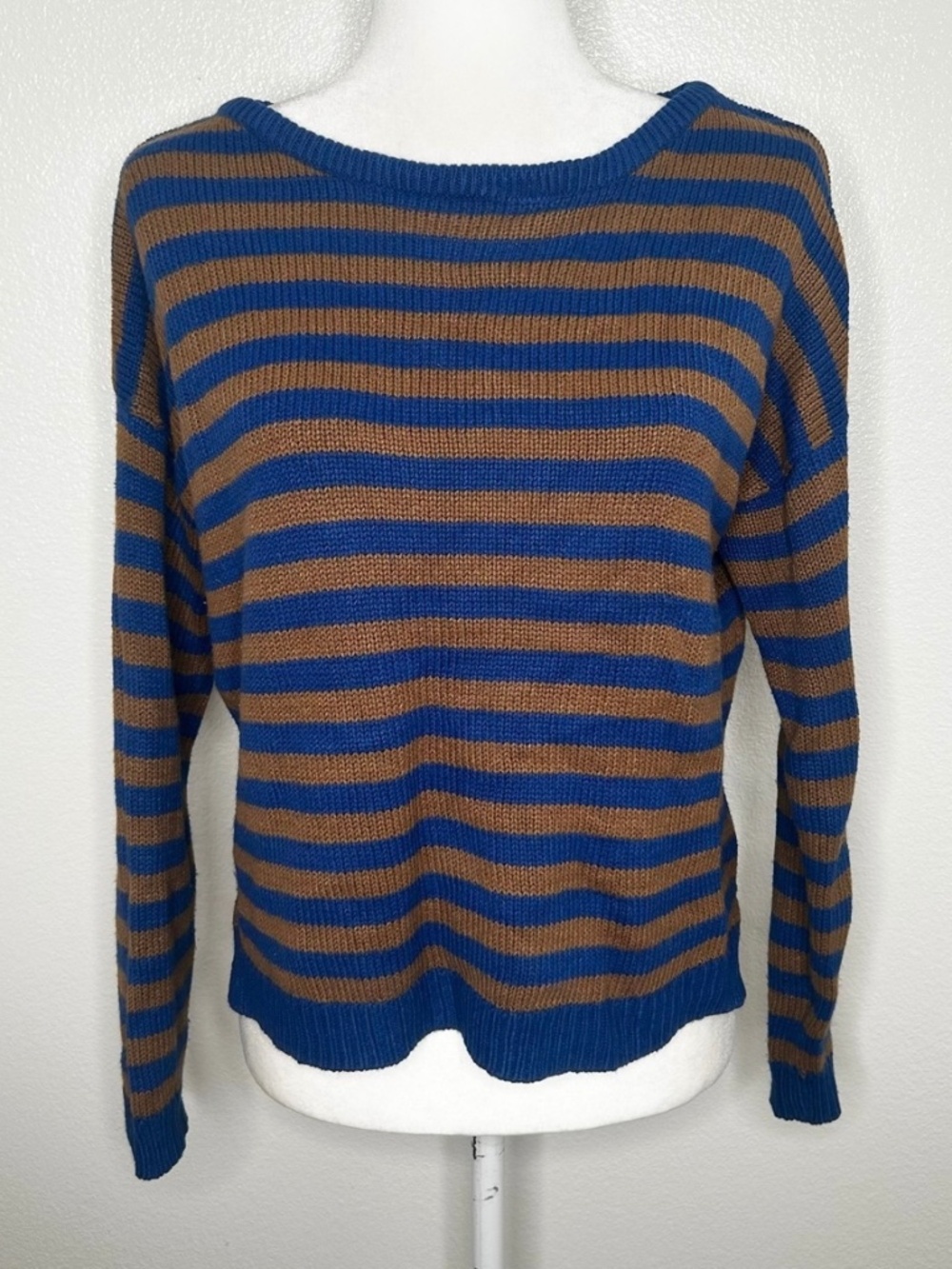 Zara Knit Womens Blue & Tan Striped Pullover Sweater Top Size M